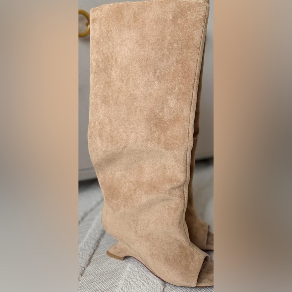 Tan Peep-Toe Knee-High Pull-On Wedge Heel Long Tall Boots - NEW - Picture 6 of 6